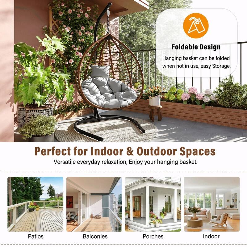 Indoor Outdoor Hanging Hammock Chair with Stand, Foldable Rattan Egg Swing Chair with Cushion & Headrest
