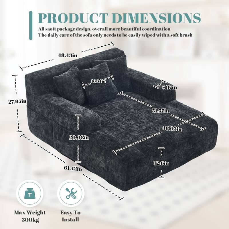 Chenille Lazy Sofa Chaise Lounge with Pillows - Convertible Armchair with Armrests, Multi-Position Sleeper for Living Room