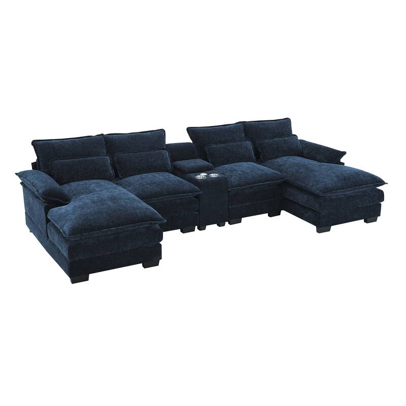 6-seat Upholstered Symmetrical Sofa Set with Console,Cupholders and USB Ports