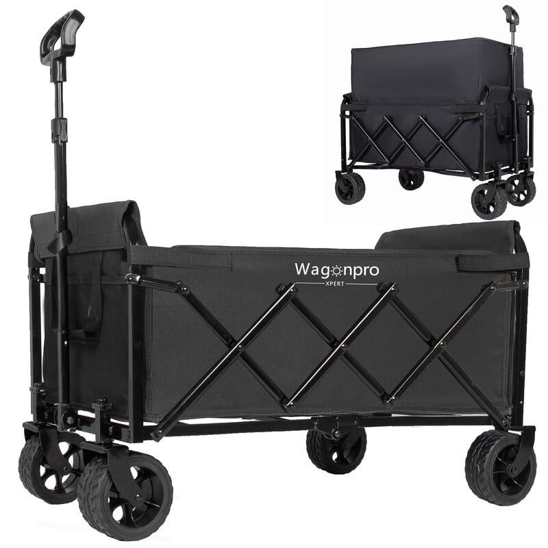 Upgraded 5*2"Wide Wheels-Expandable Dual-Layer Utility Wagon with 100% Extra Space, 220lbs Capacity Grocery Cart for Camping - Black