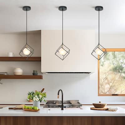 Modern Farmhouse 1-Light Black Gold Cage Kitchen Island Pendant Lights with Globe Frosted Glass - 11" L x 11" W x 14.5" H