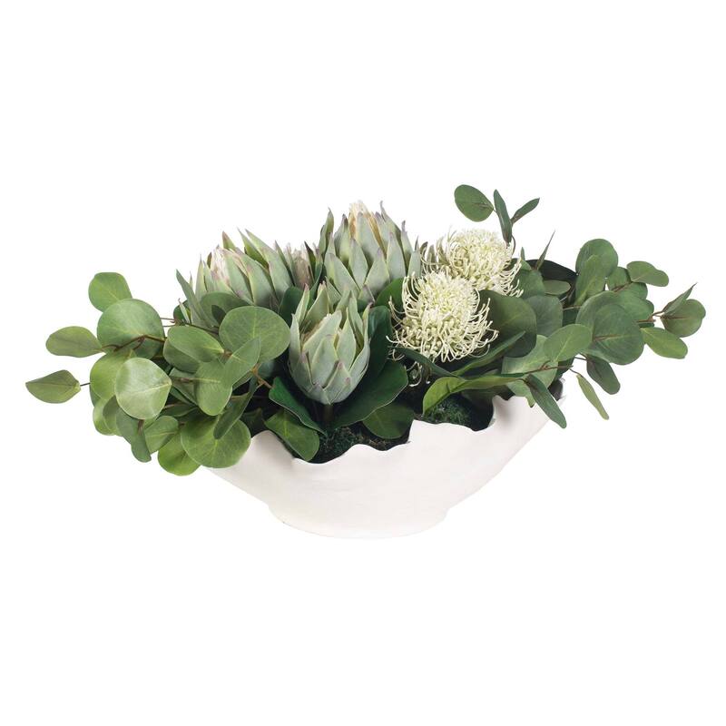 Uttermost Protea Blooms White Bowl Centerpiece - 24.00" W x 12.00" H x 16.00" D