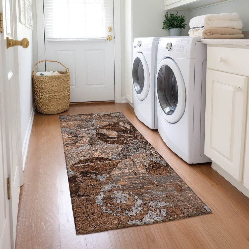 Machine Washable Indoor/ Outdoor Abstract Leaves Chantille Rug