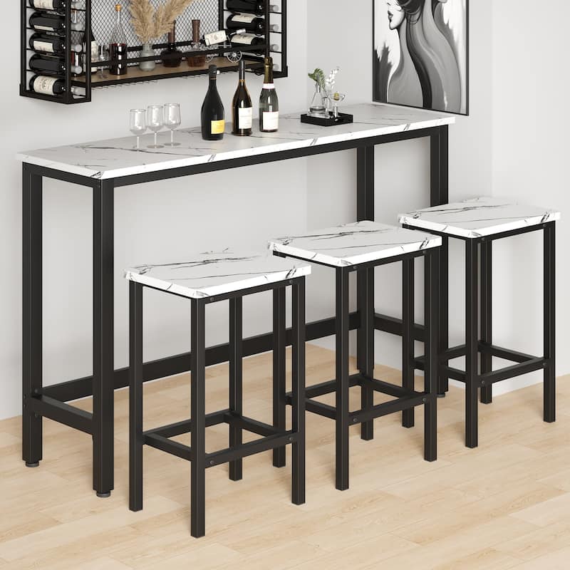Modern 4 Piece Bar Dining Table and Chair Set, Kitchen High Dining Table Set with Three Stools - White