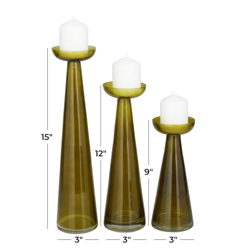 Glass Tapered Cone Candle Holder with Rounded Candle Plates - Set of 3 Green, Gold, Clear - Roche River Decor