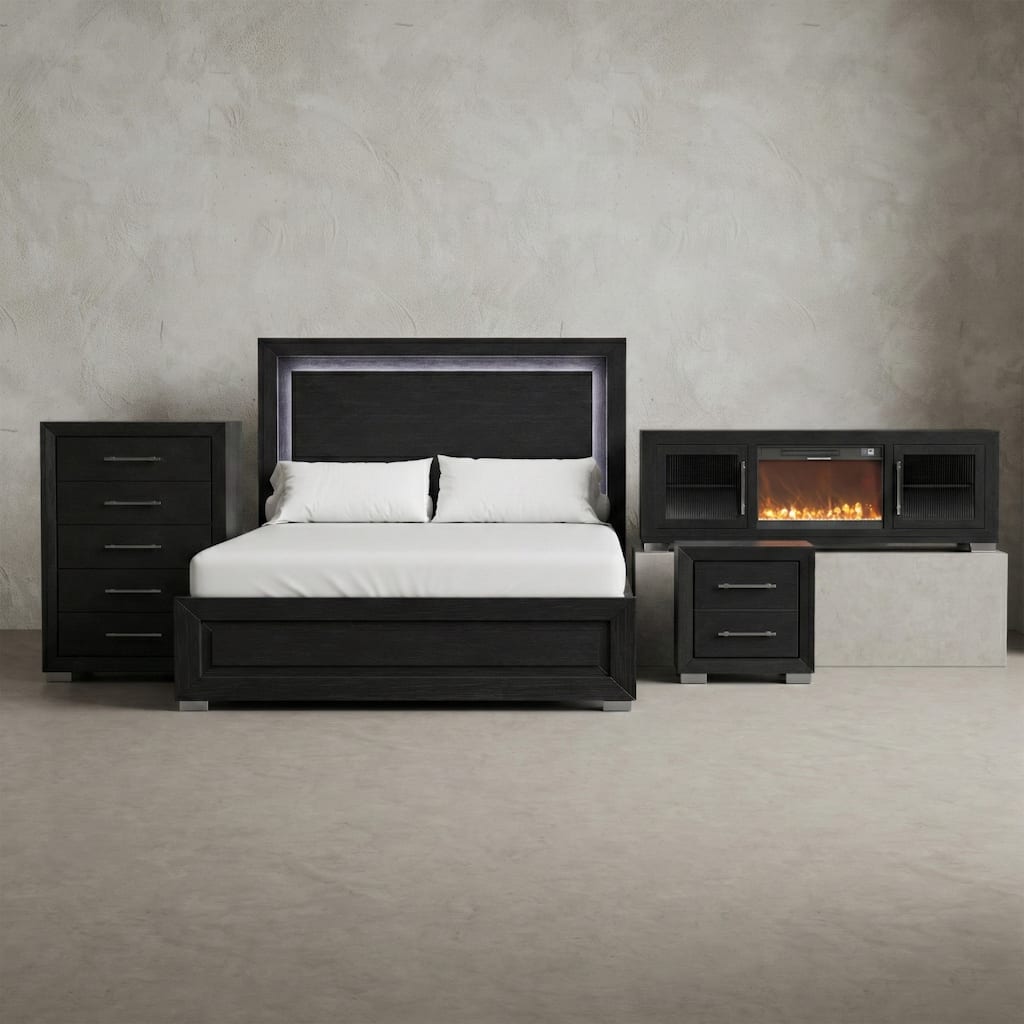 Furniture of America Alaric Modern Black 4-Piece Bedroom Set with 72-inch Fireplace TV Stand, Chest and Nightstand