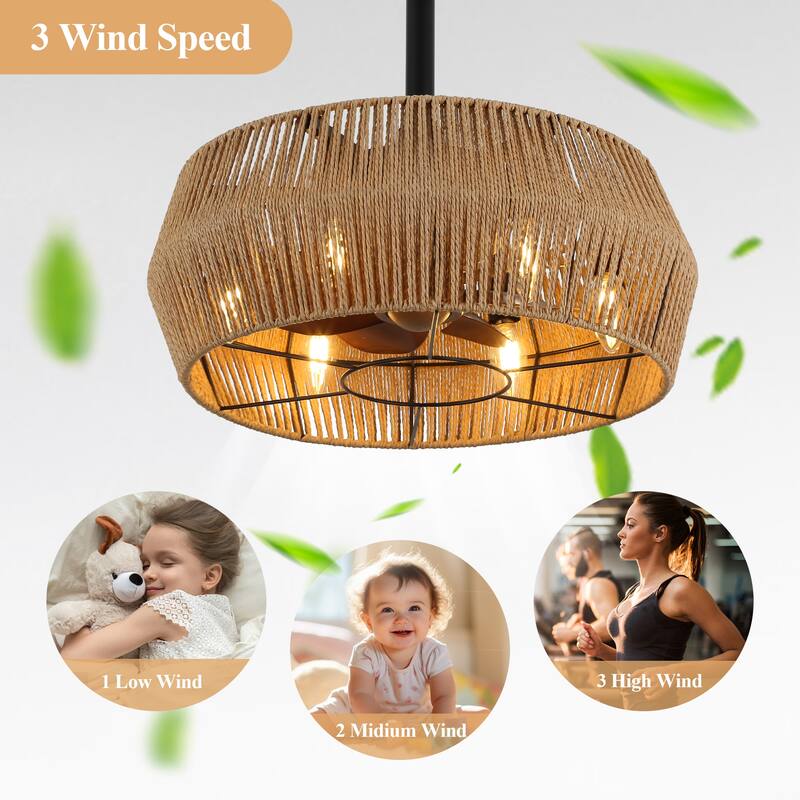 Cusp Barn 18-In Boho Caged Ceiling Fan with Remote Control, Retro 6-Light Ceiling Light, 3-Speed Rattan Fandelier for Bedroom