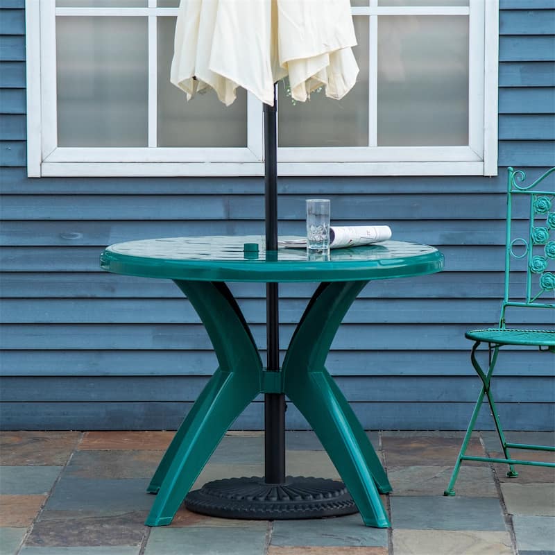 Outsunny Round Plastic Patio Table with Umbrella Hole,Dining Table - Green