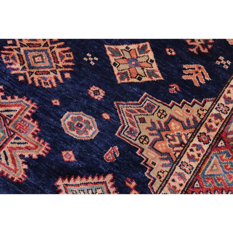 Caucasian Super Kazak Calliope Blue/Gold Hand Knotted Wool Rug - 4'1'' x 5'9''