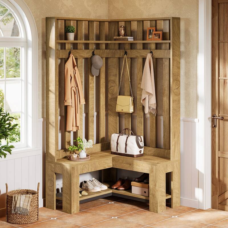 L-Shaped Entryway Hall Tree with Shoe Storage Shelf and 4 Hooks