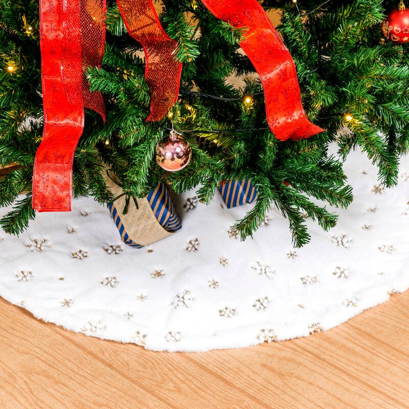 Syncfun 48" White Faux Fur Christmas Tree Skirt with Gold Sequin