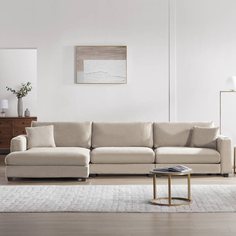 Large L-Shaped Cloud Couch in khaki Corduroy - Deep Seat Sofa Bed with USB, Cup Holder