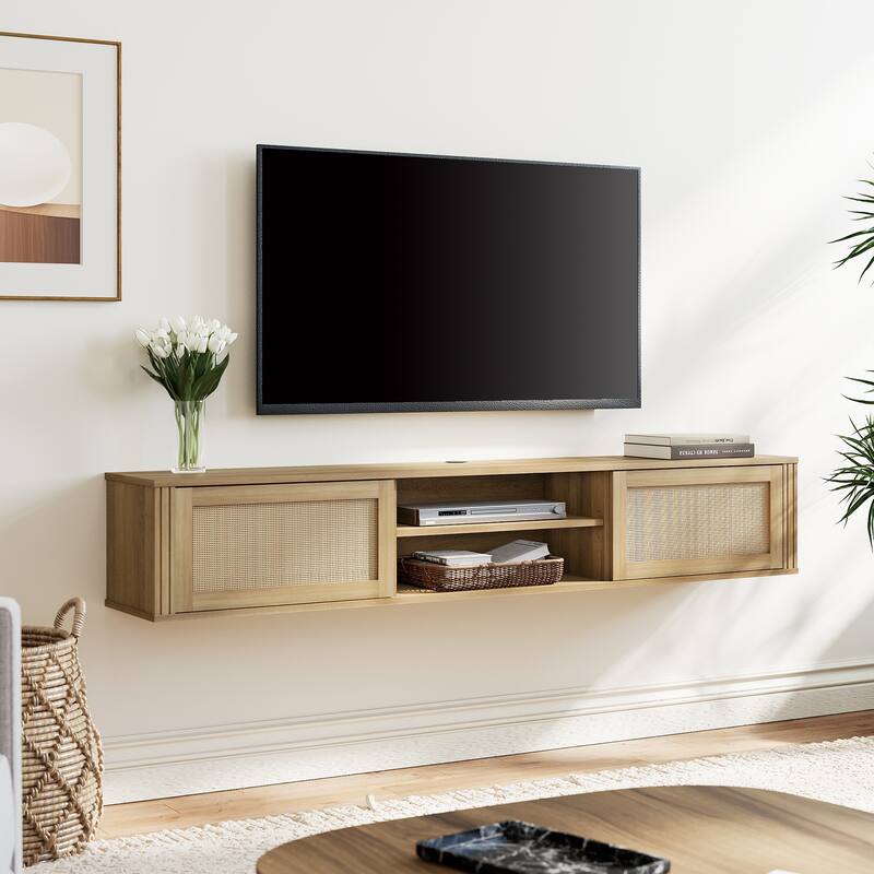 WAMPAT Floating TV Stand Shelf with Power Outlet and 2 Rattan Doors - 2 Tier - Natural