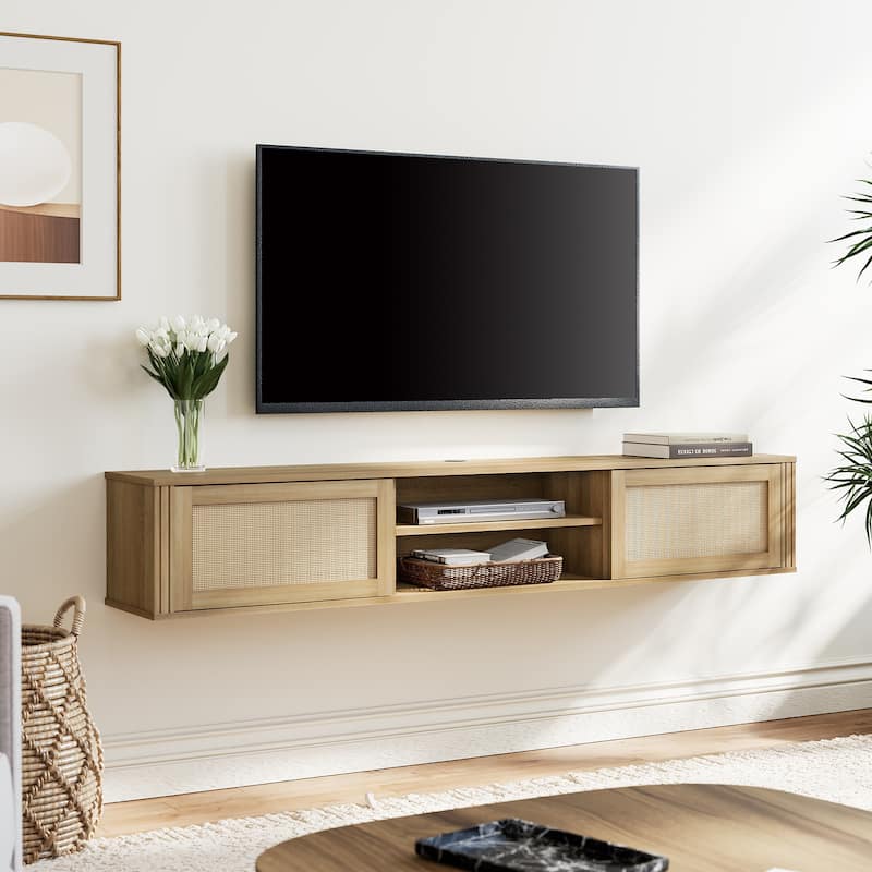 WAMPAT Floating TV Stand Shelf with Power Outlet and 2 Rattan Doors