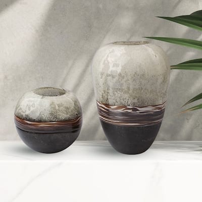 Set of Two Handblown Glass Ombre Vases in Brown Tones