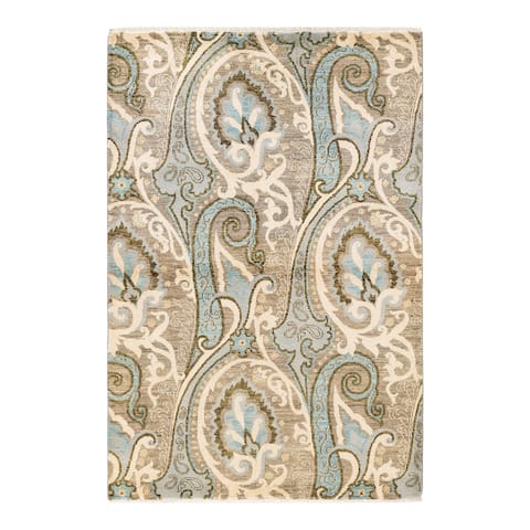 Overton One-of-a-Kind Hand-Knotted Contemporary Paisley Suzani Light Gray Area Rug - 4' 0" x 6' 2"