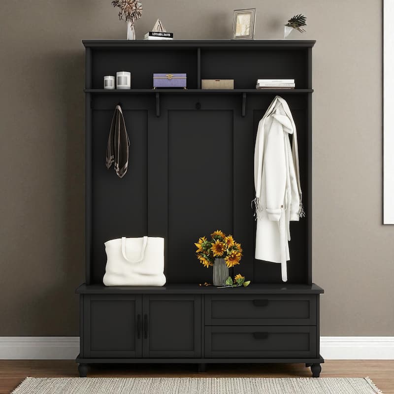 59" Hall Tree with Storage Cabinet, 2 Large Drawers, Wide Entryway Bench & 5 Hooks, Modern Coat Rack Organizer - Black