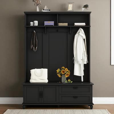59" Hall Tree with Storage Cabinet, 2 Large Drawers, Wide Entryway Bench & 5 Hooks, Modern Coat Rack Organizer