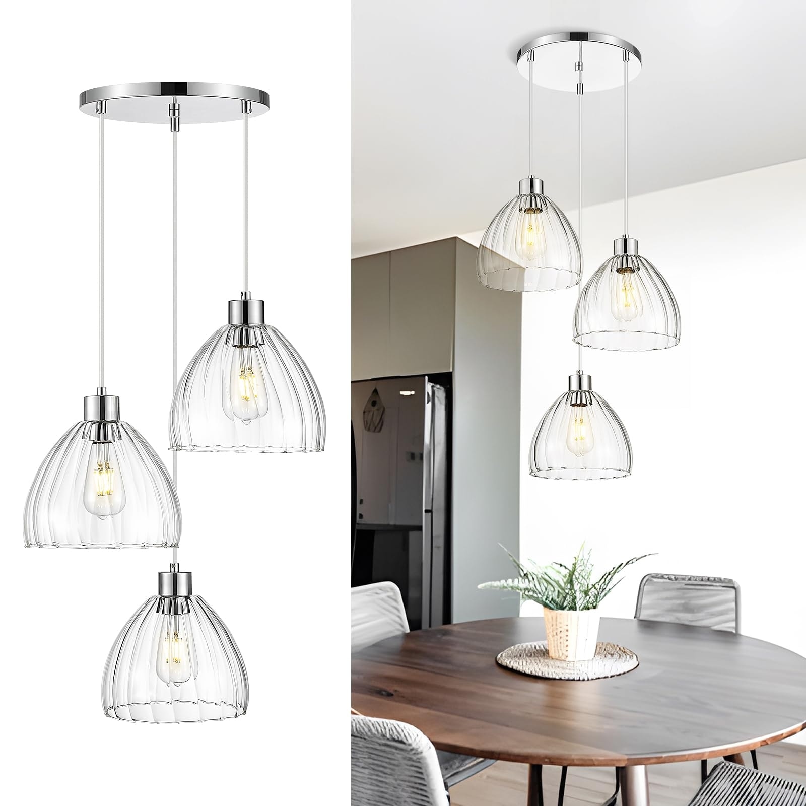 3-Light Cluster Pendant Light, Pendant Light, Blue/Clear Glass