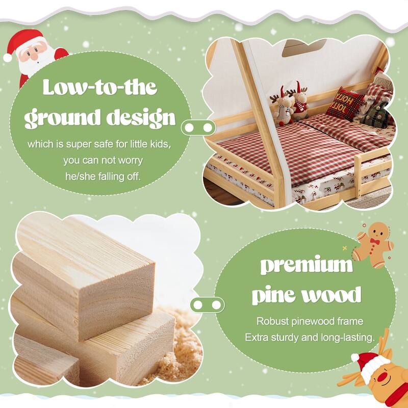 House Floor Bed with Tent and Light Montessori Kids Wood Bed Frame