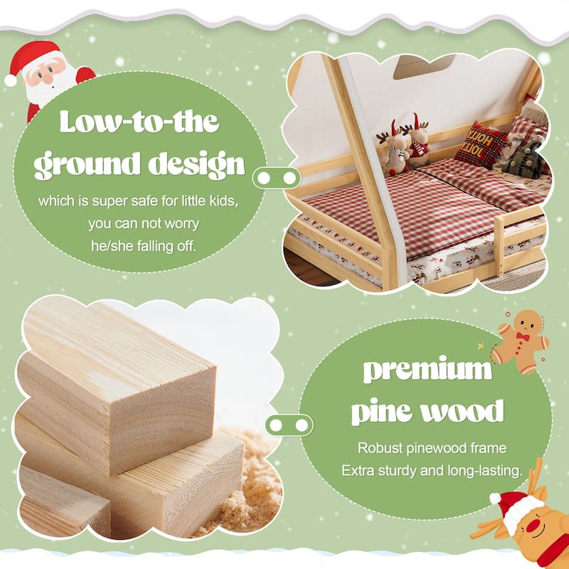 Montessori House Floor Bed with Tent and Lights, Solid Wood Teepee Bed with Guardrails, Twin/Full Kids Bed Frame