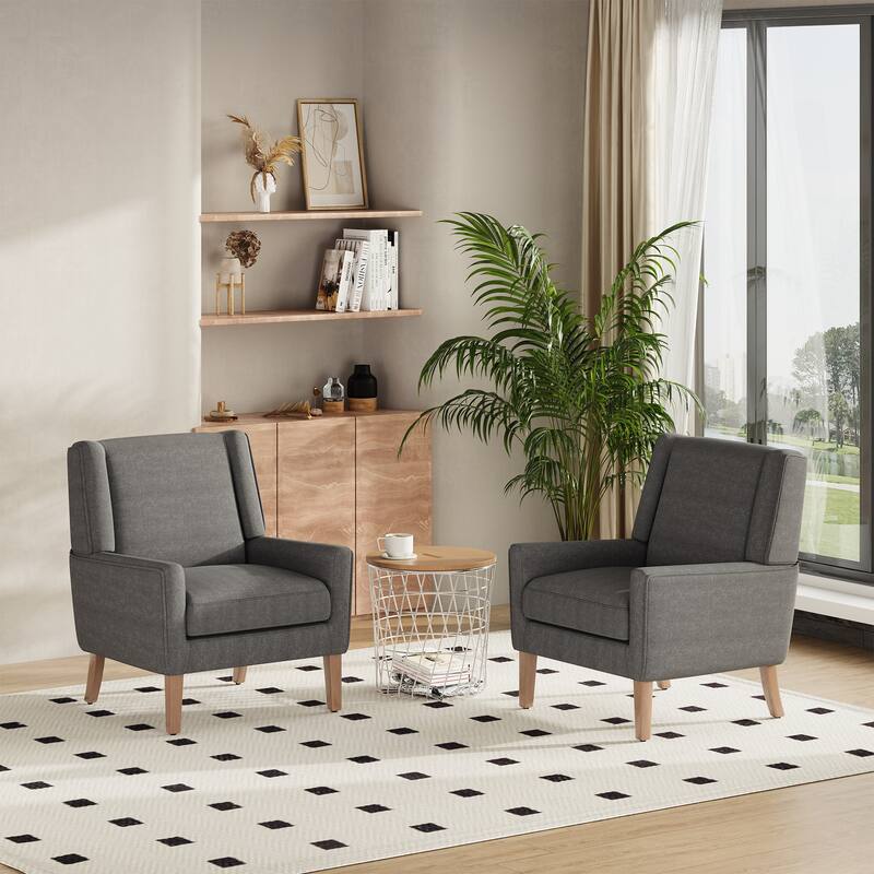 Mid-Century Linen Wing Chair - Tailored Channel Tufting & Walnut Tapered Legs, Compact Accent for Reading Nooks