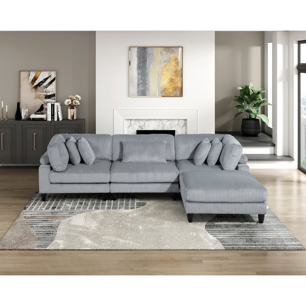 4-Piece Gray Corduroy Sectional Sofa with Wood Legs, 120x80x36 inches, 241 lbs