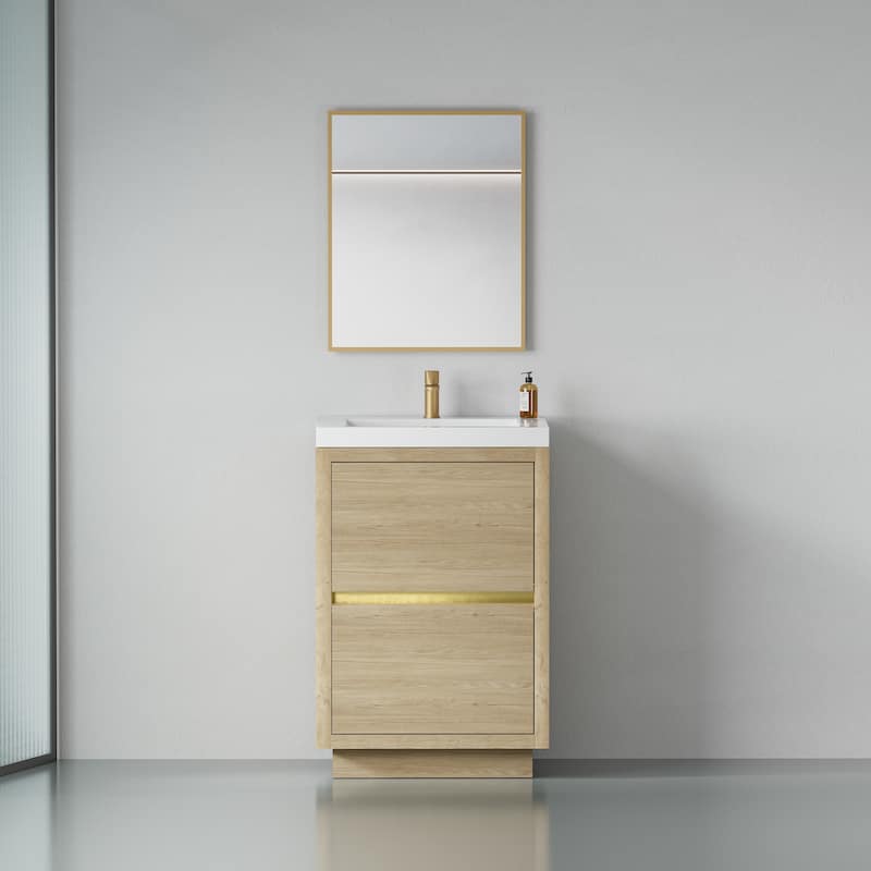 24" Bathroom Storage Vanity Cabinet with U-Shaped Sink, Soft-Close Drawers and Durable Stone Resin Countertop - 23.62in L Wood - 23.62in L Oak Natural Wood + Antique White