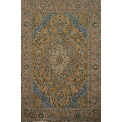 Hand Knotted Oriental 100% Wool Carpet Traditional Floral Brown Tabriz Area Rug - 11' 1'' X 8' 5''