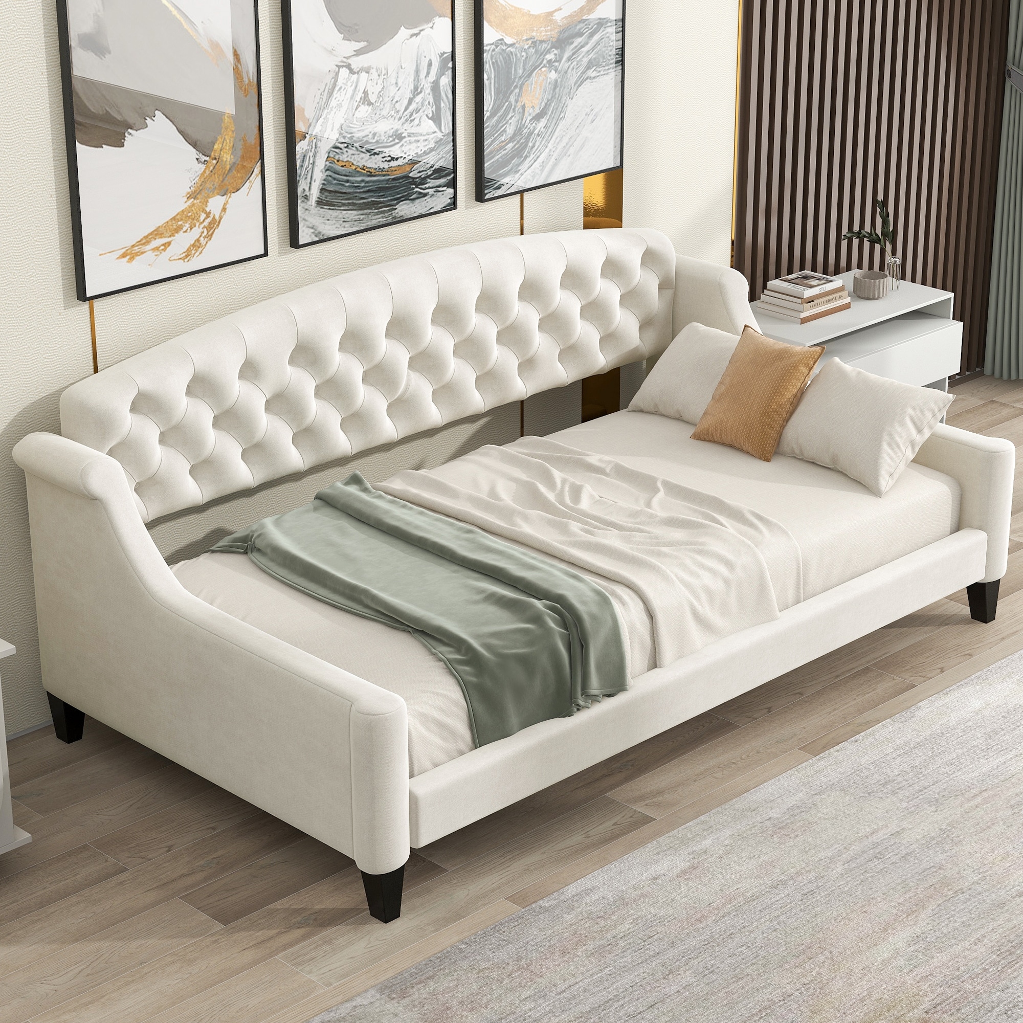 Roomfitters Twin Size Upholstered Daybed, Modern Velvet Platform Bed with Curved Tufted Backrest