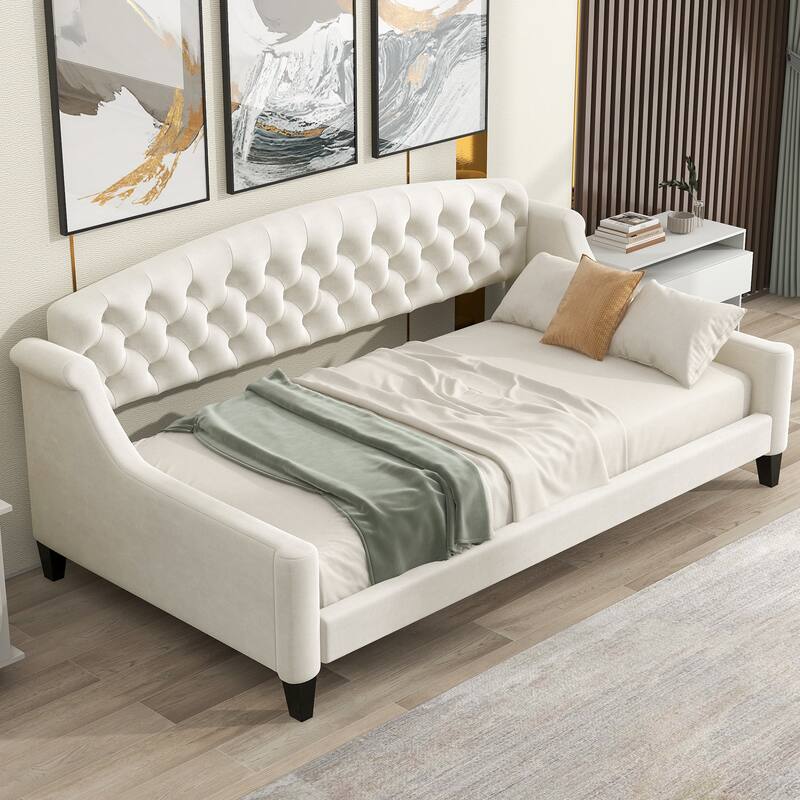 Tufted Button Twin Daybed in Beige - Modern Upholstered Sofa Bed with Wooden Slats - Beige