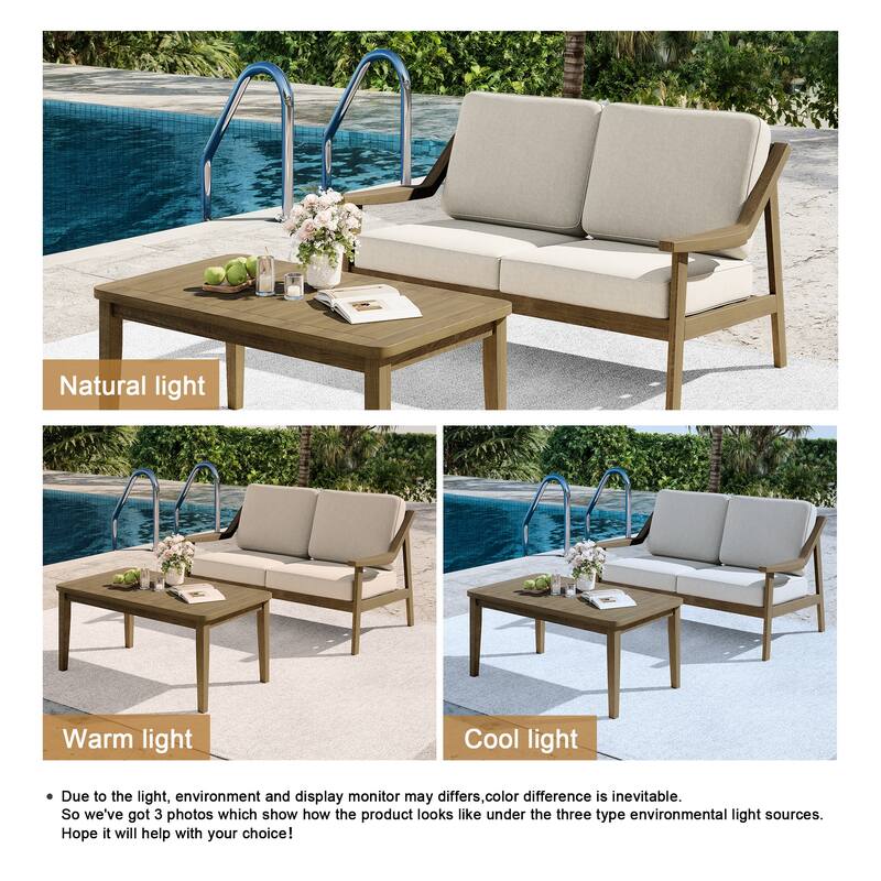 2-piece Brown/ Black Teak Cushioned Patio Loveseat Set with Coffee Table