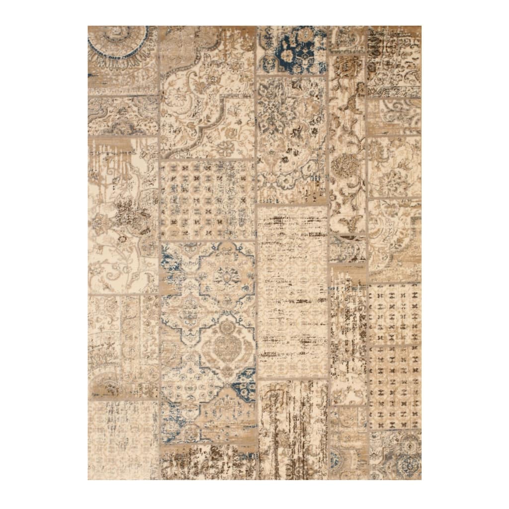 Ivory Machine-Made Polypropylene Transitional Distressed Bohemian Isabella Rug, 5'3 x 7'3, Elegant Floor Cover - L