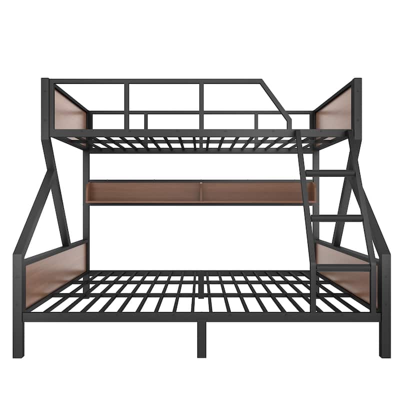 Queen over King Bunk Bed, Metal Bunk Bed with Storage Shelves and Lights, Space-saving & Noise-free Design