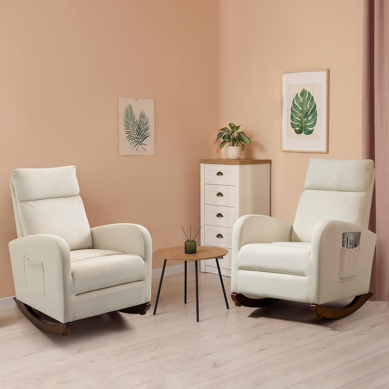 Mid Century Velvet Nursery Rocking Chairs Set of 2, Upholstered High Back Glider Armchairs for Living Room - Beige