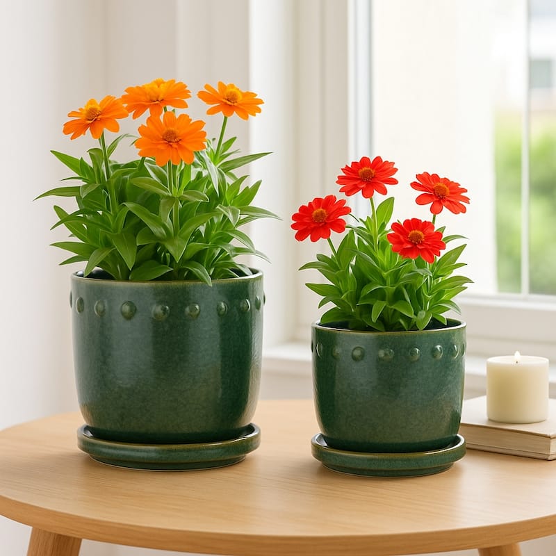 Ceramic Planter with Saucer, Bubble Trim Design - Set of 2, 8",6", Green