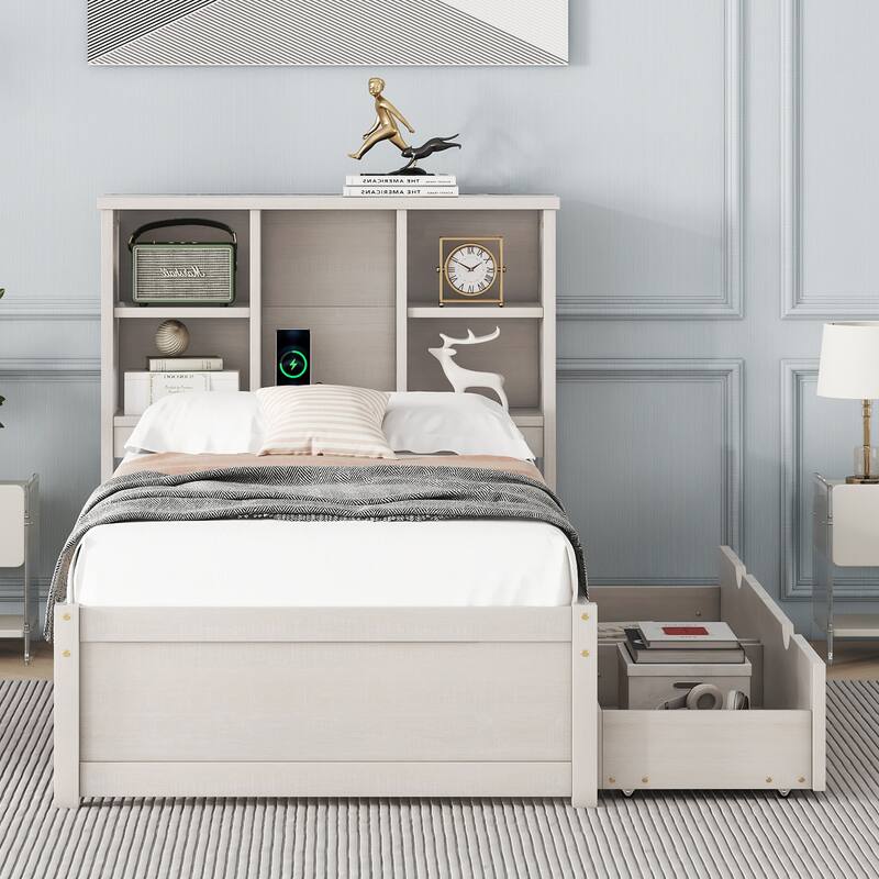 Modern Twin Size Bed Frame with USB Port, Bookcase Headboard & 2 Drawers in White Washed Finish