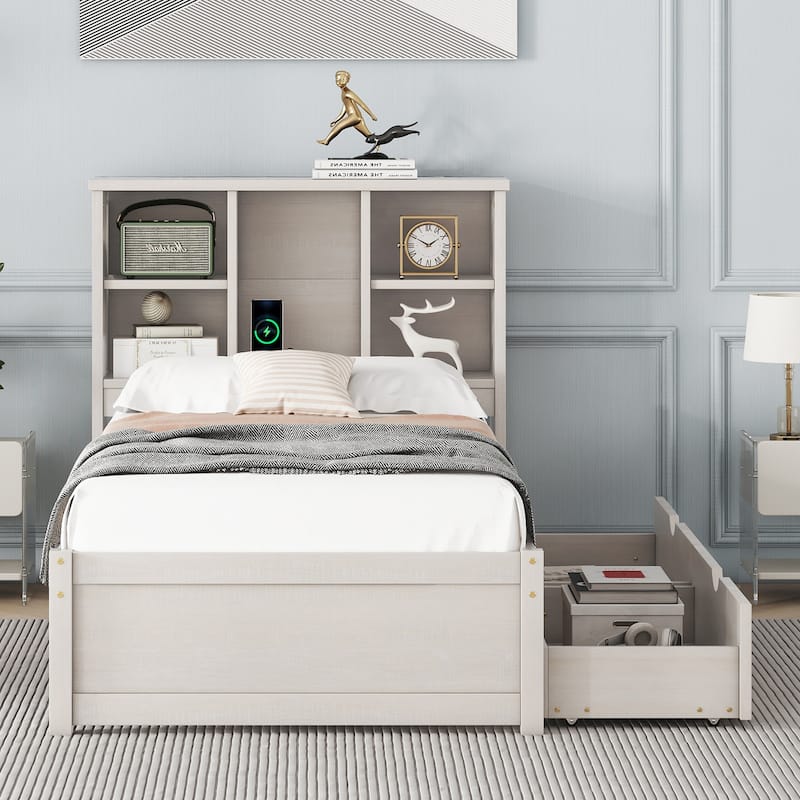 Twin Size Platform Bed with Built in USB Port,Bookcase and 2 Drawers - White Washed - Twin