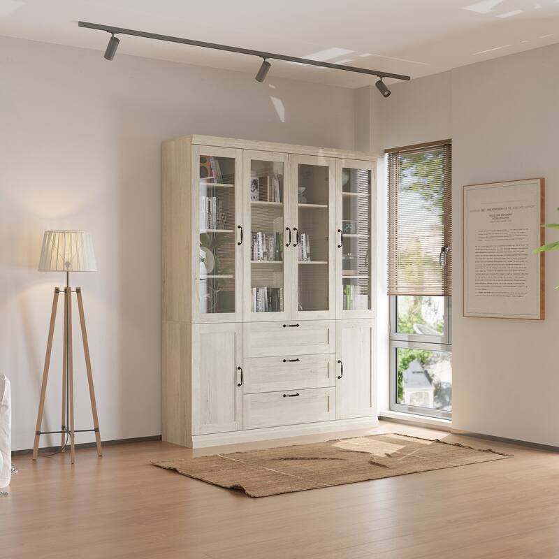 Bookcase Cabinet with Glass Doors and Drawers Multi-Purpose Storage Display Hutch for Living Room or Dining Room
