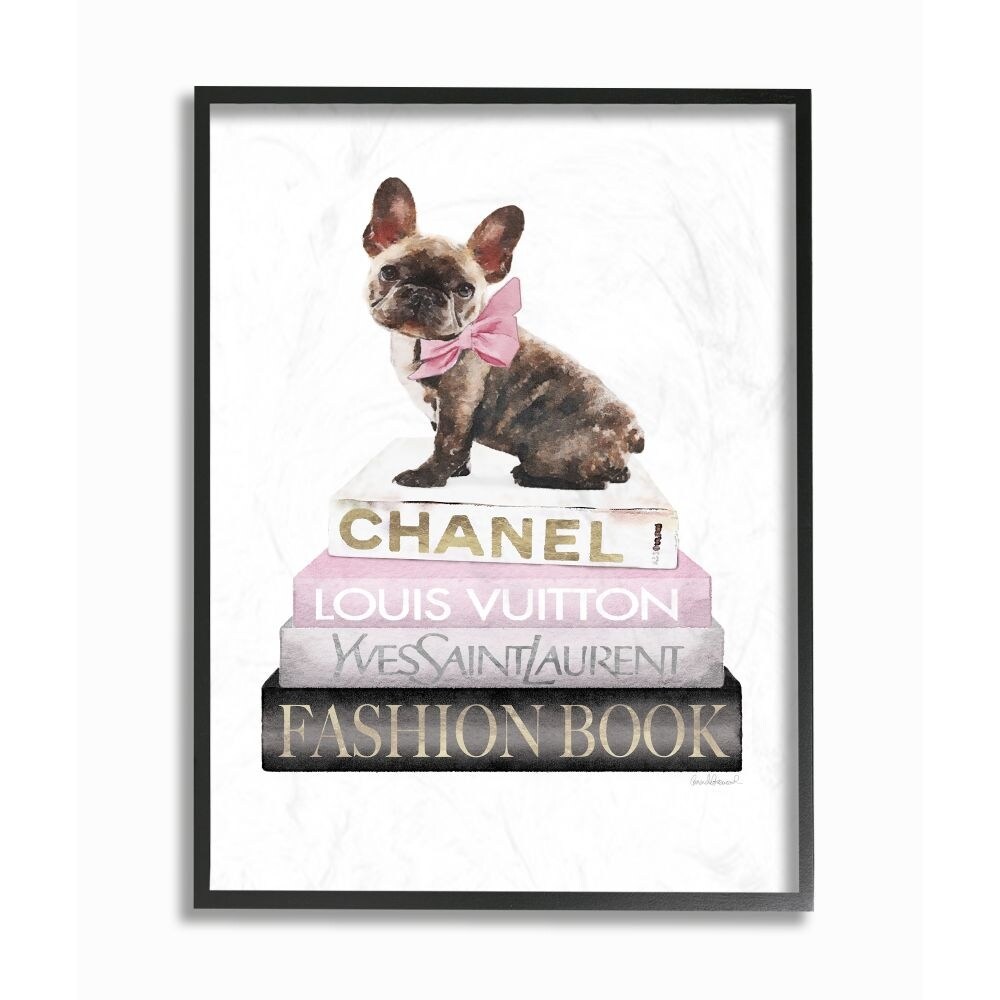 Stupell Industries Black Puppy with Pink Bow on Glam Book Stack Wall Art, 10 x 15, White