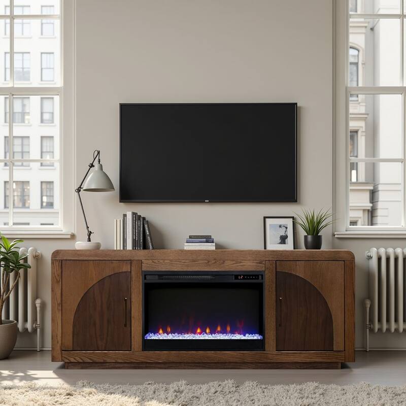 Bridgevine Home Eclipse 65 inch Fireplace TV Stand, for TVs up to 75 inches, Two-Tone Finish - Bourbon and Walnut