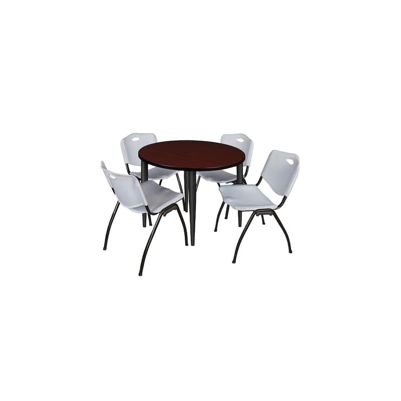 42 in. Round Breakroom Table- Mahogany Top, Black Base & 4 M Stack Chairs- Grey