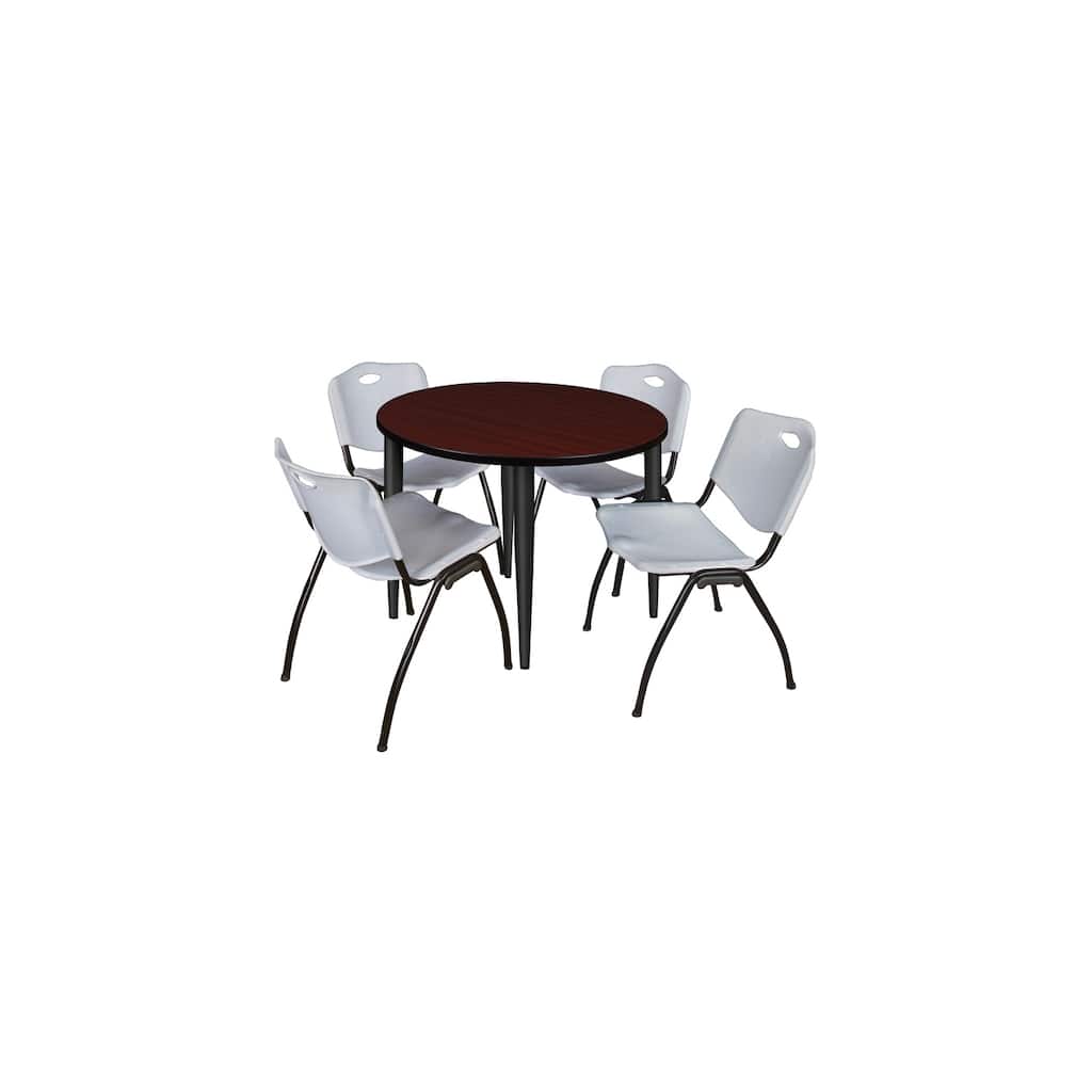 42 in. Round Breakroom Table- Mahogany Top, Black Base & 4 M Stack Chairs- Grey
