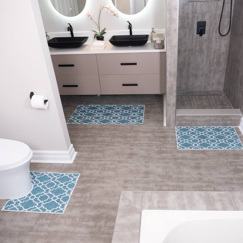 Geometric Design 3 Piece Bathroom Rugs Set - Non-Slip Ultra Thin Bath Rugs for Bathroom Floor - Washable Bathroom Mats Set