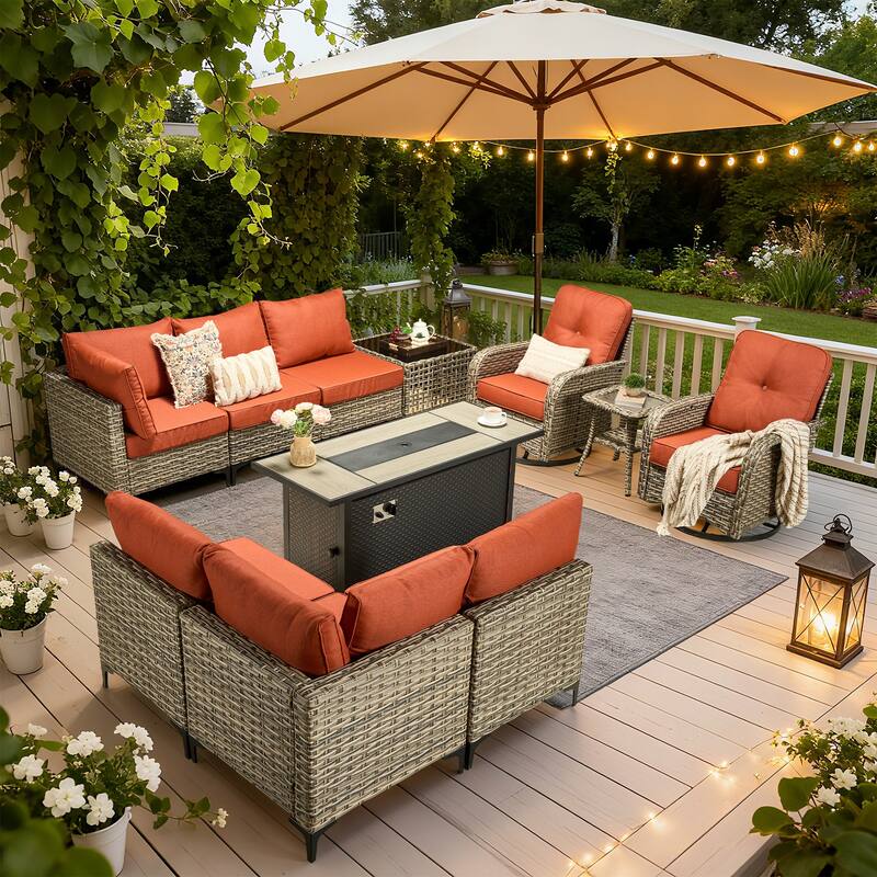 HOOOWOOO 11-piece Outdoor Patio Sofa Wicker Furniture Swivel Chair Set with 54" Fire Pit Table - Red