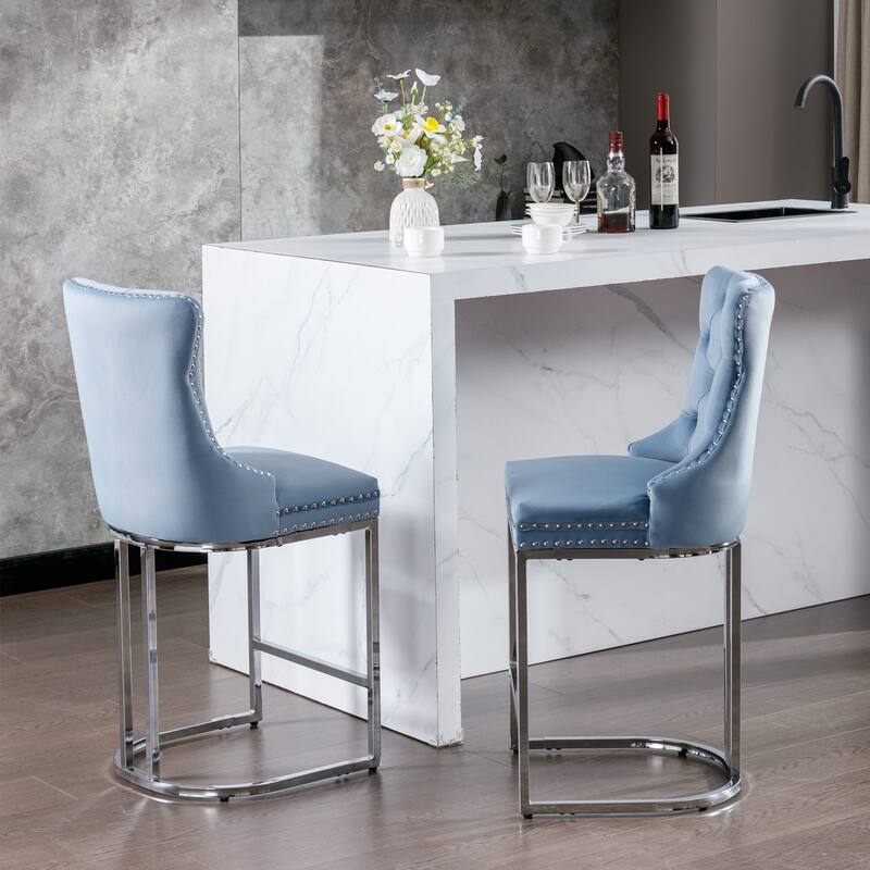 Tufted Back Bar Chair, Velvet Nailhead Trim Chair, Upholstered Kitchen Island Chair, Dining Chair Set, Counter High Bar Chair