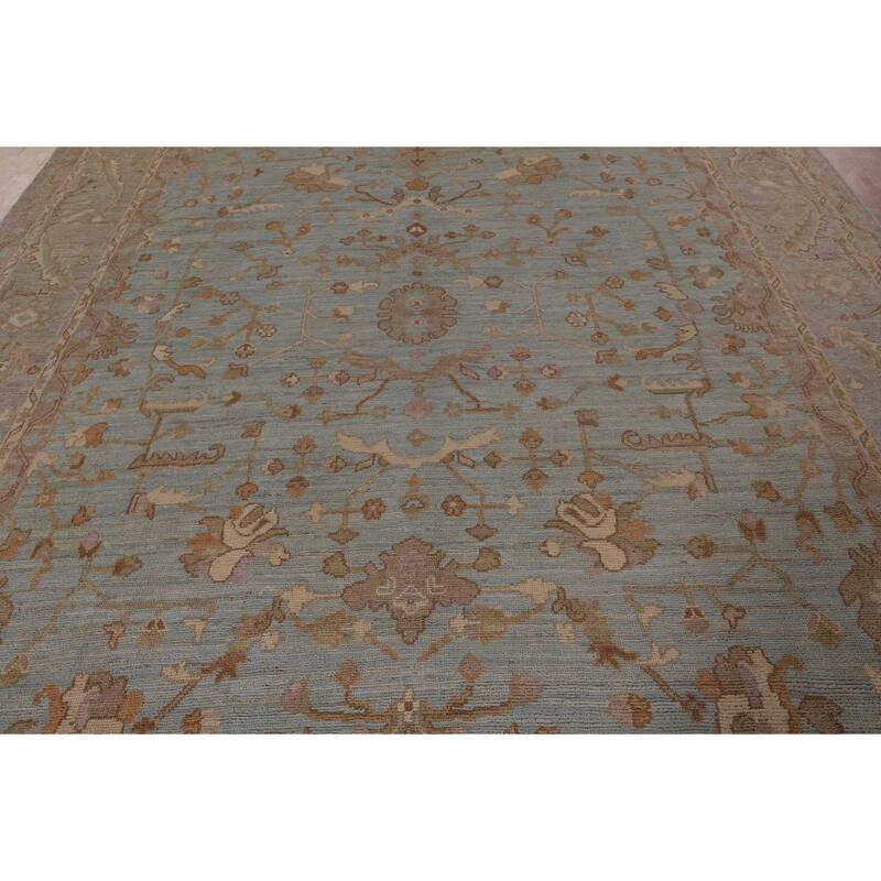 Light Blue Vegetable Dye Oushak Turkish Rug Hand-Knotted Wool Carpet - 9'1" x 11'11"