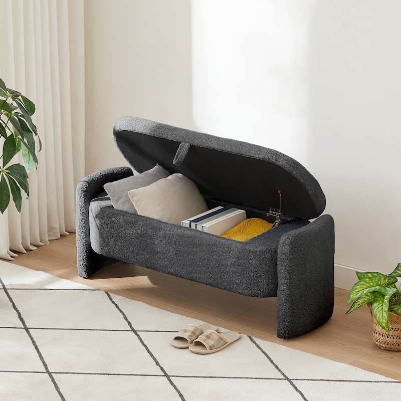 Ottoman Oval Storage Bench 3D Lamb Fleece Fabric Bench with Large Storage Space for the Living Room, Entryway and Bedroom