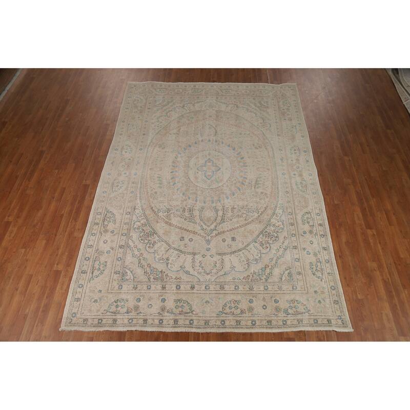 Floral Tabriz Persian Area Rug Beige Handmade Wool Carpet - 7'9"x 11'1"