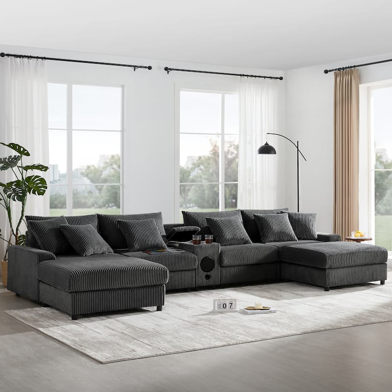 U-Shaped Cloud Corduroy Sectional Sofa with Console, Cup Holders, Bluetooth Speakers, Charging, Storage Ottoman, Deep Seats Sofa - Dark Grey